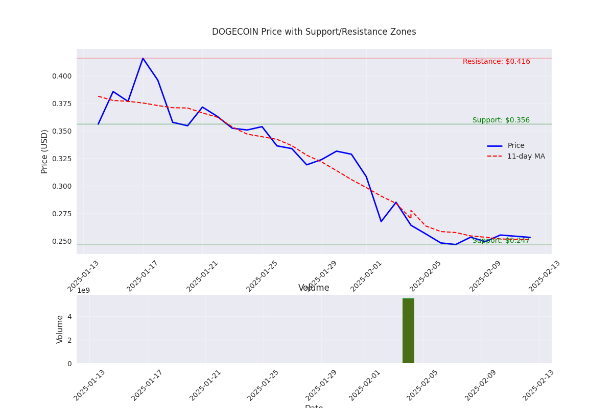 DOGECOIN price chart with volume analysis, showing key support and resistance zones as horizontal bands, along with the 11-day moving average trend line. DOGECOIN price chart with volume analysis, showing key support and resistance zones as horizontal bands, along with the 11-day moving average trend line.